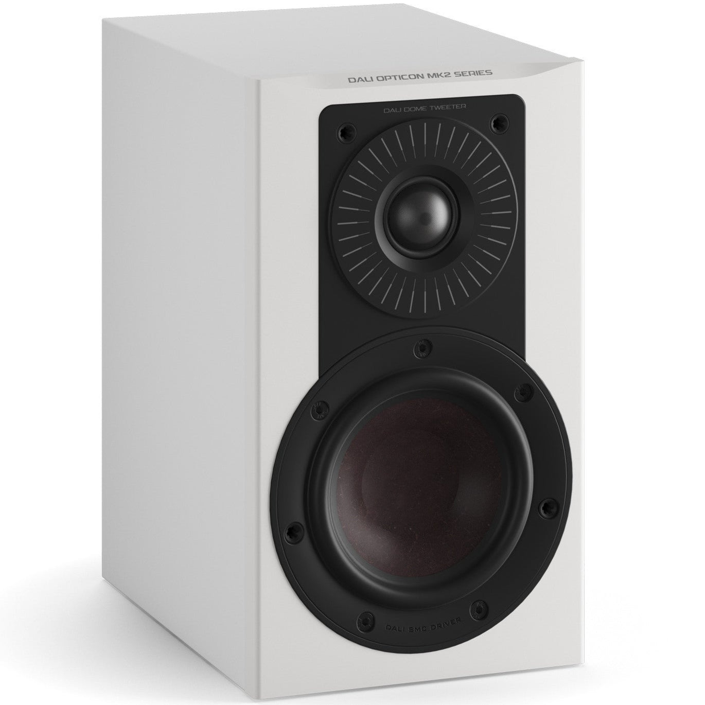 White DALI Dali Opticon 1 MK2 passive bookshelf speaker shown from the front with a sleek design and compact size.