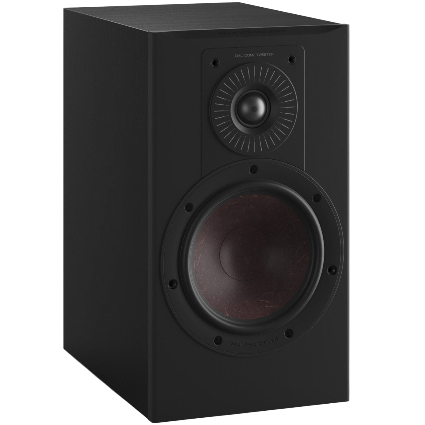 Black DALI Opticon 2 MK2 passive bookshelf speakers showing sleek design and front grille in a modern setup.