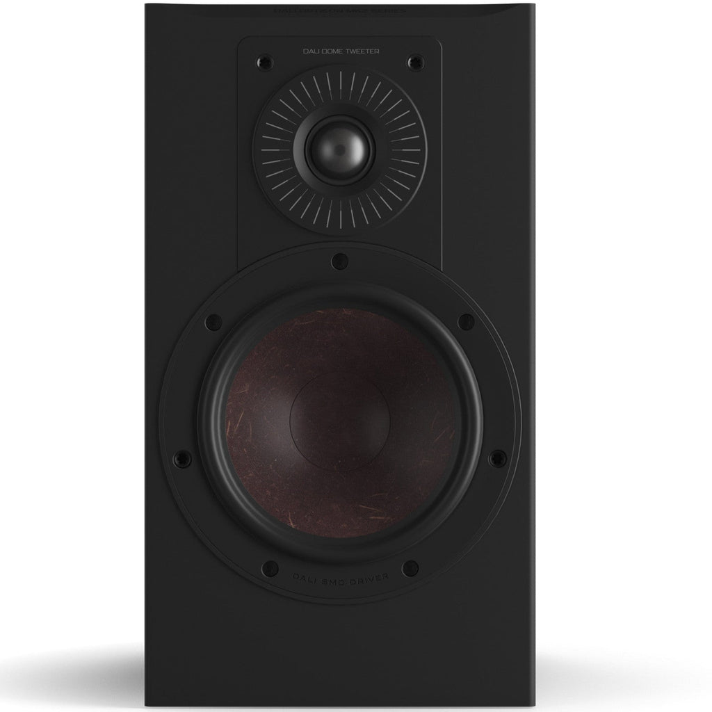 DALI Opticon 2 MK2 passive bookshelf speakers in black with sleek design and front-facing drivers.