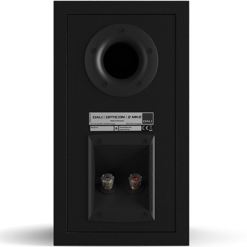 DALI Opticon 2 MK2 passive bookshelf speakers in black, showing the sleek front grille and compact design.