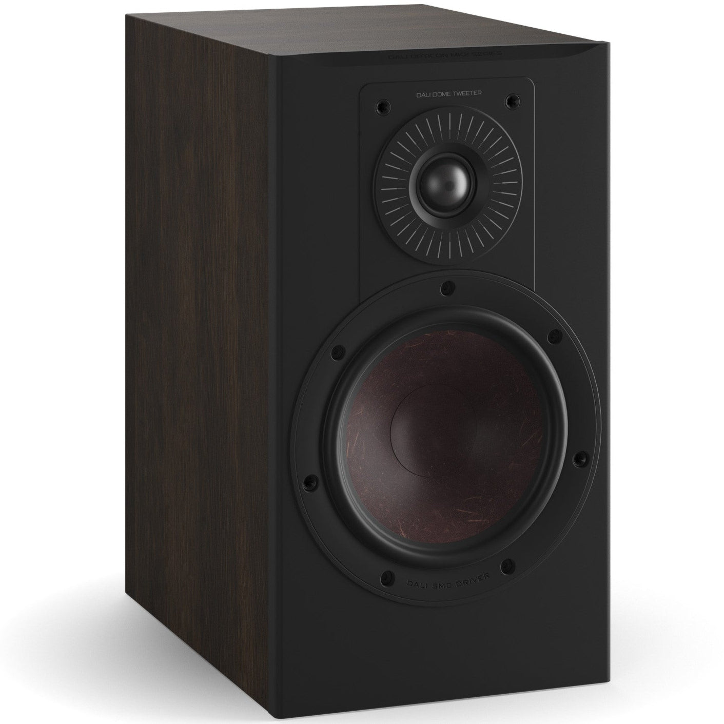 DALI Opticon 2 MK2 passive bookshelf speakers shown from the front with a sleek black finish.