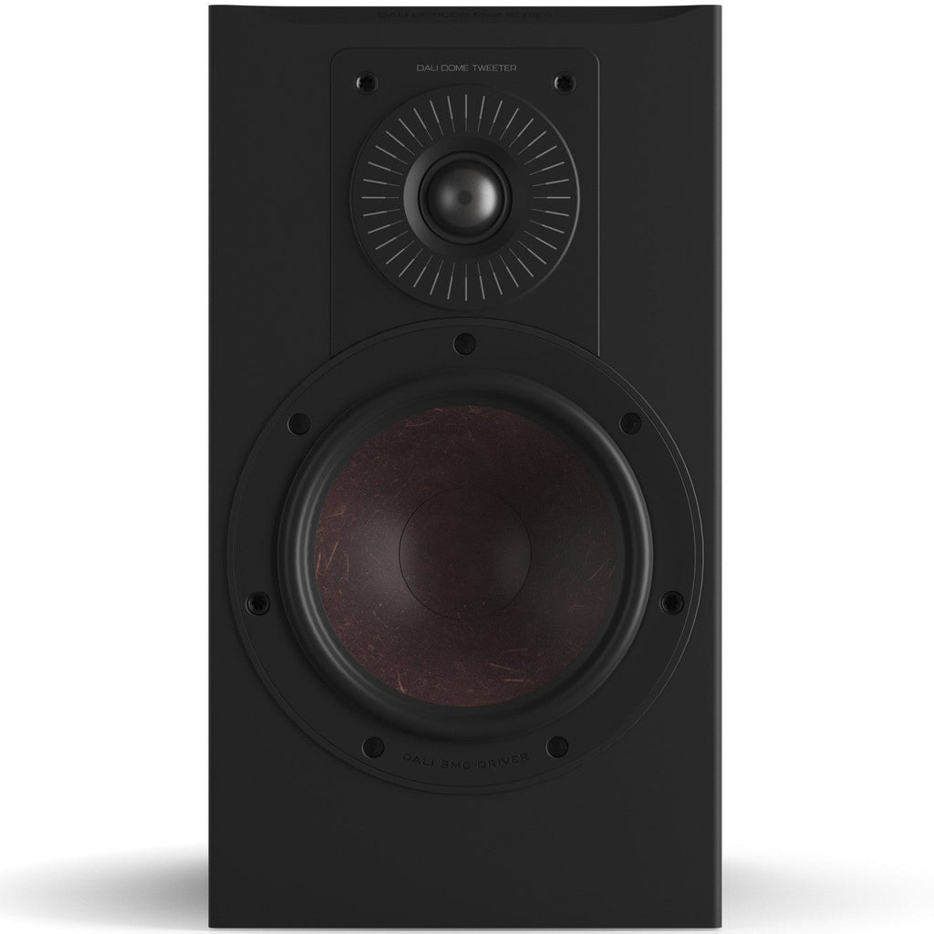 DALI Opticon 2 MK2 passive bookshelf speakers shown from the front with black speaker grilles and wooden finish.