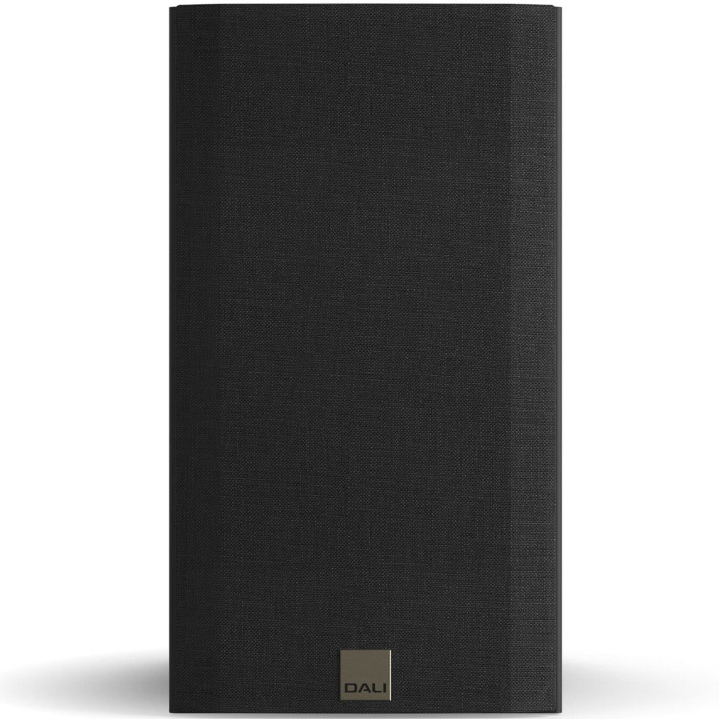 DALI Opticon 2 MK2 passive bookshelf speakers with black finish and sleek design, showing their front grille and compact size.