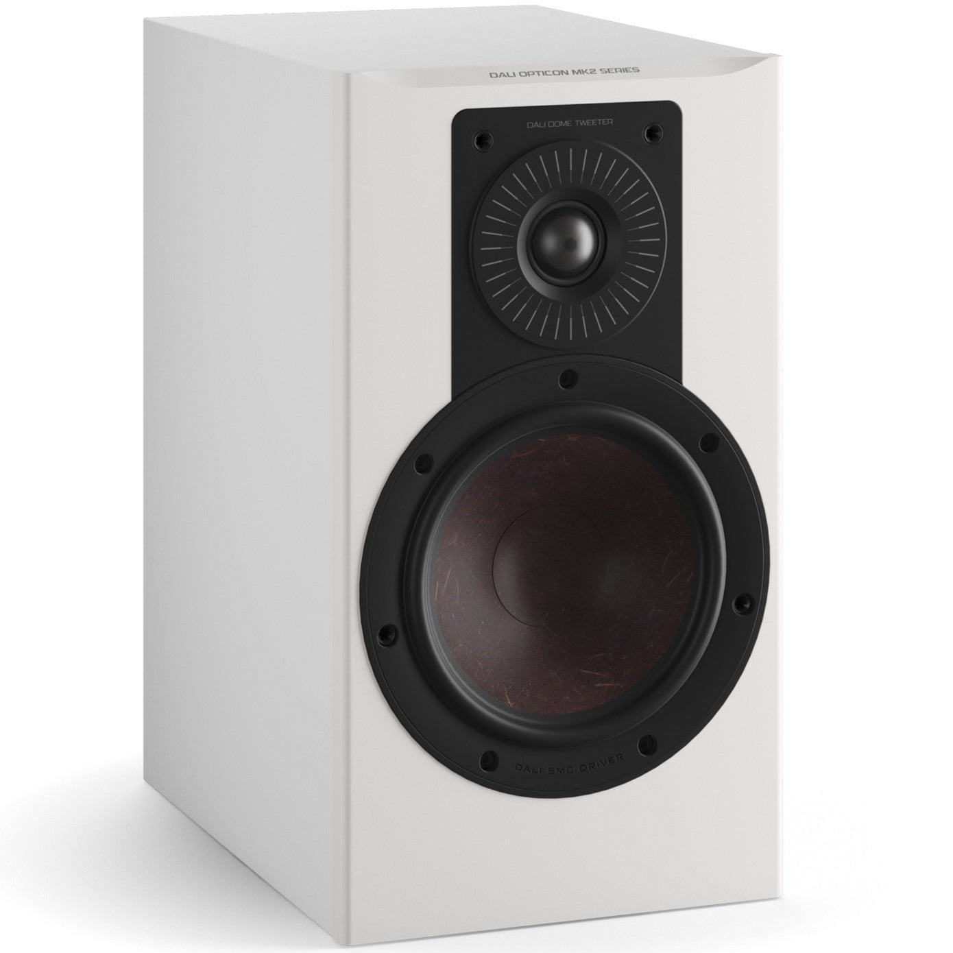 DALI Opticon 2 MK2 passive bookshelf speakers in white, showing sleek design and front grille.