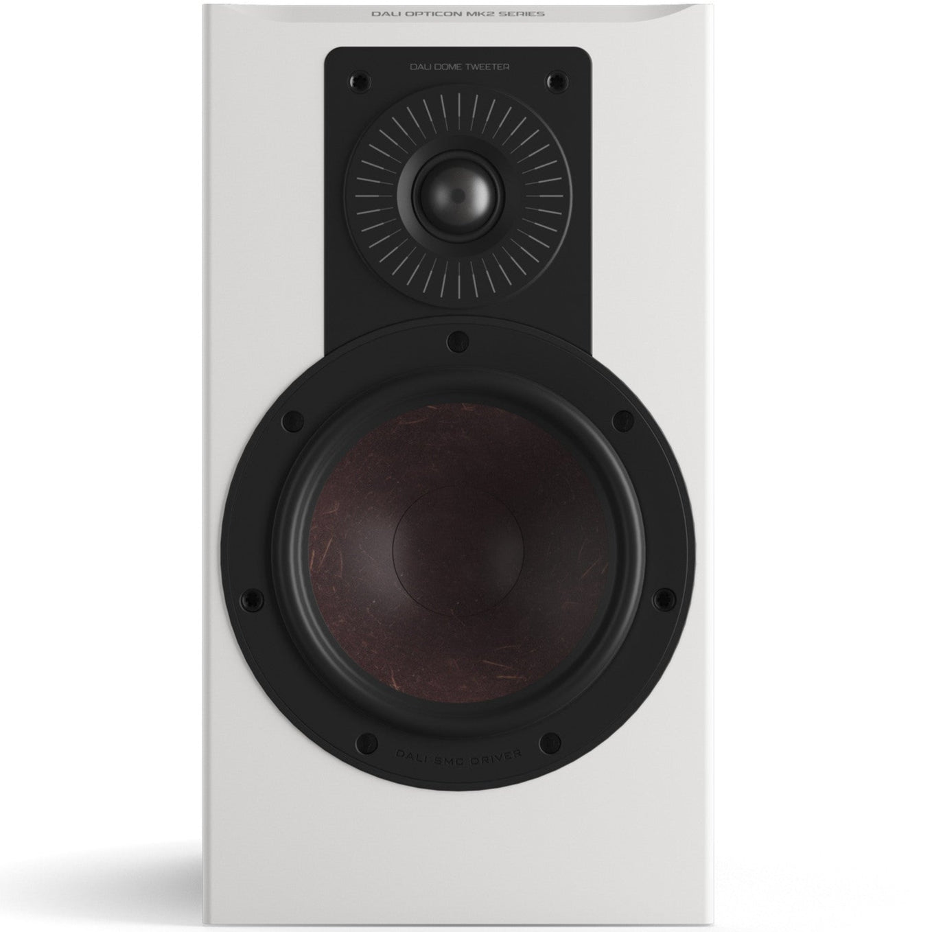 DALI Opticon 2 MK2 passive bookshelf speakers in white with sleek design and front grille, showcasing high-quality audio craftsmanship.