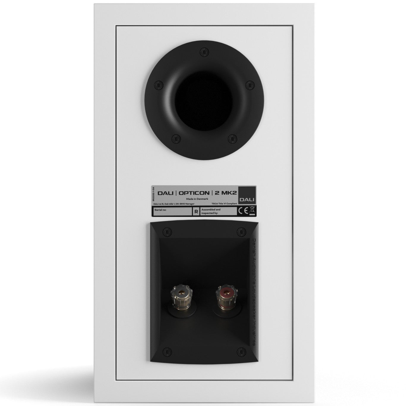 DALI Opticon 2 MK2 passive bookshelf speakers with white finish, showcasing sleek design and compact size.