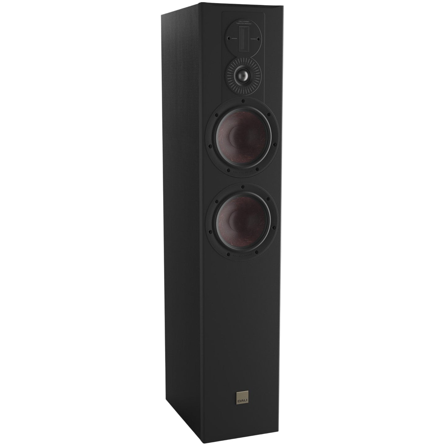 Black DALI Opticon 6 MK2 passive floorstanding speakers with sleek design and large drivers for high-quality sound.