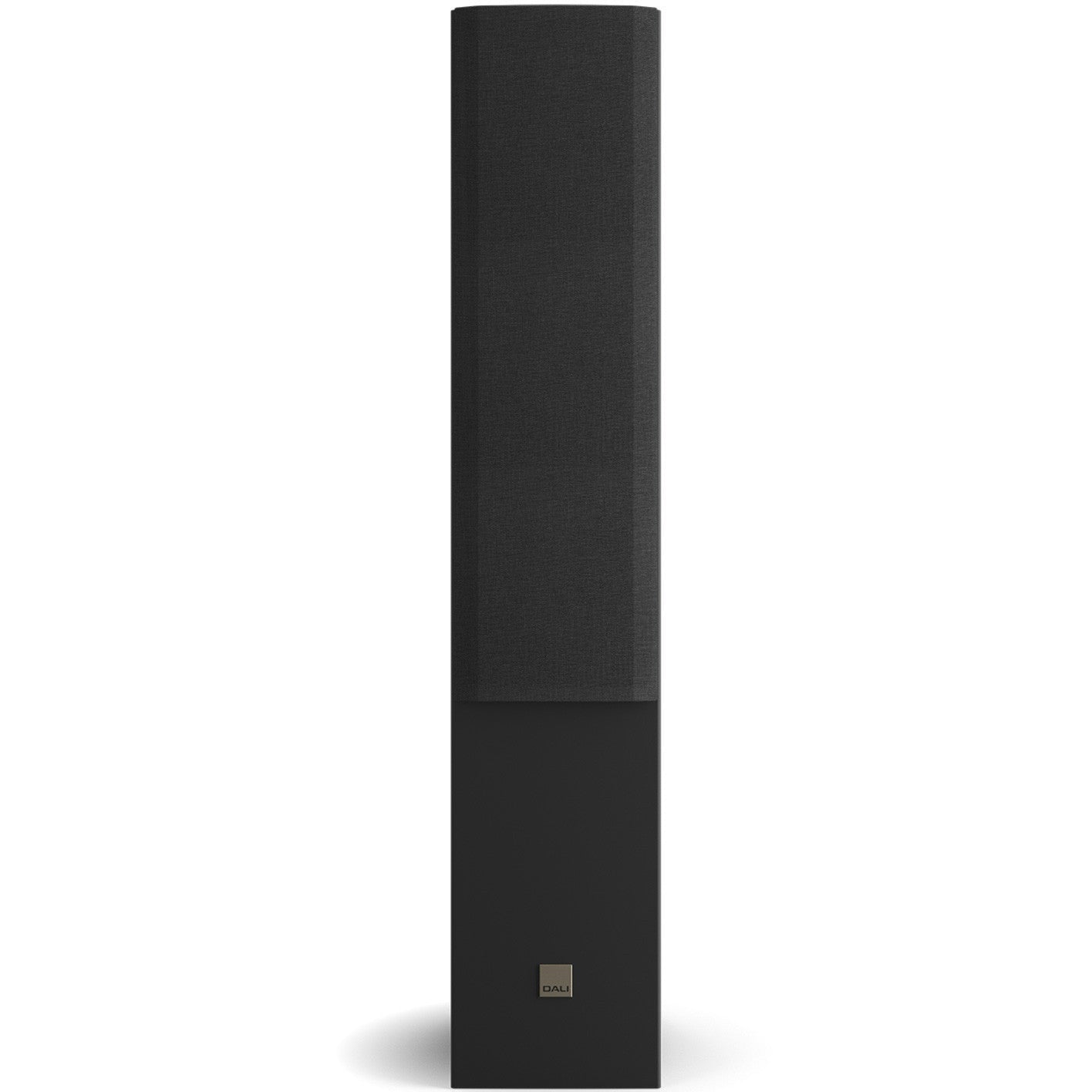 Black DALI Opticon 6 MK2 passive floorstanding speaker with sleek design and large driver cones for high-quality sound.