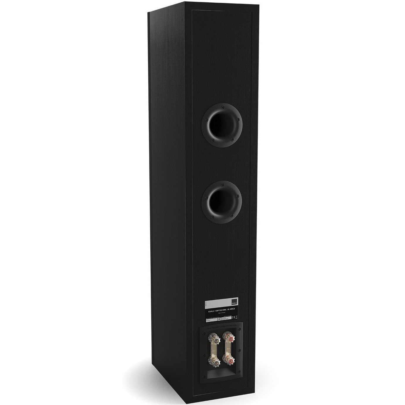 DALI Opticon 6 MK2 passive floorstanding speakers with black finish, showcasing sleek, modern design and large speaker drivers.