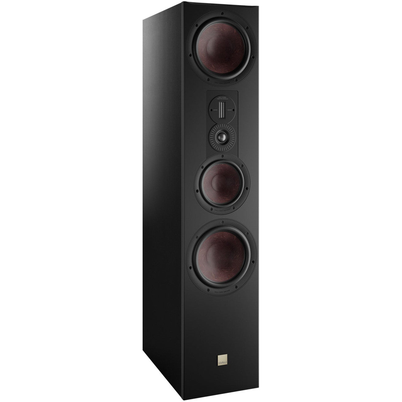 DALI Opticon 8 MK2 passive floorstanding speaker in black, showing front and side angles with sleek design and wood finish.
