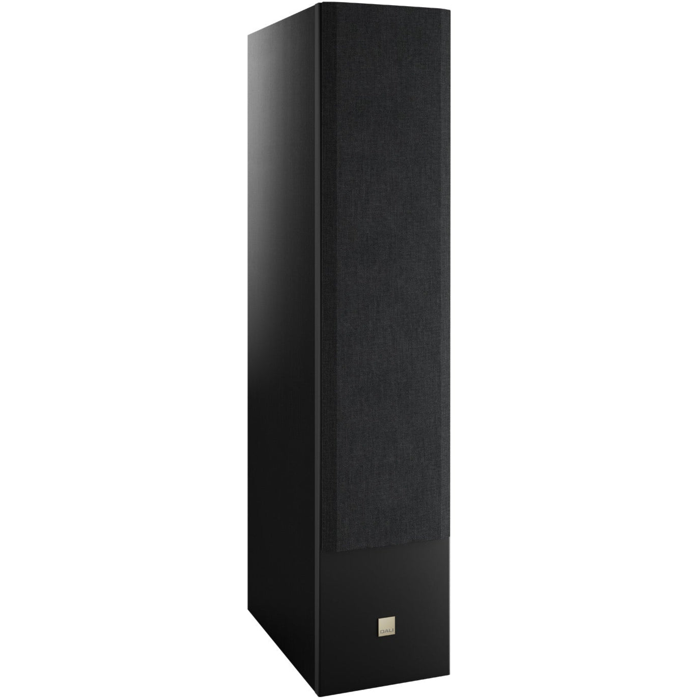 Black DALI Opticon 8 MK2 passive floorstanding speaker with angled grille, showcasing its sleek design and tall, modern profile.