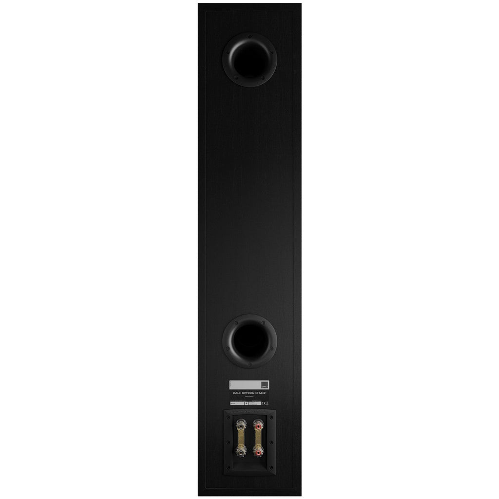 DALI Opticon 8 MK2 passive floorstanding speaker with black finish, showing rear connection panel and venting grille.