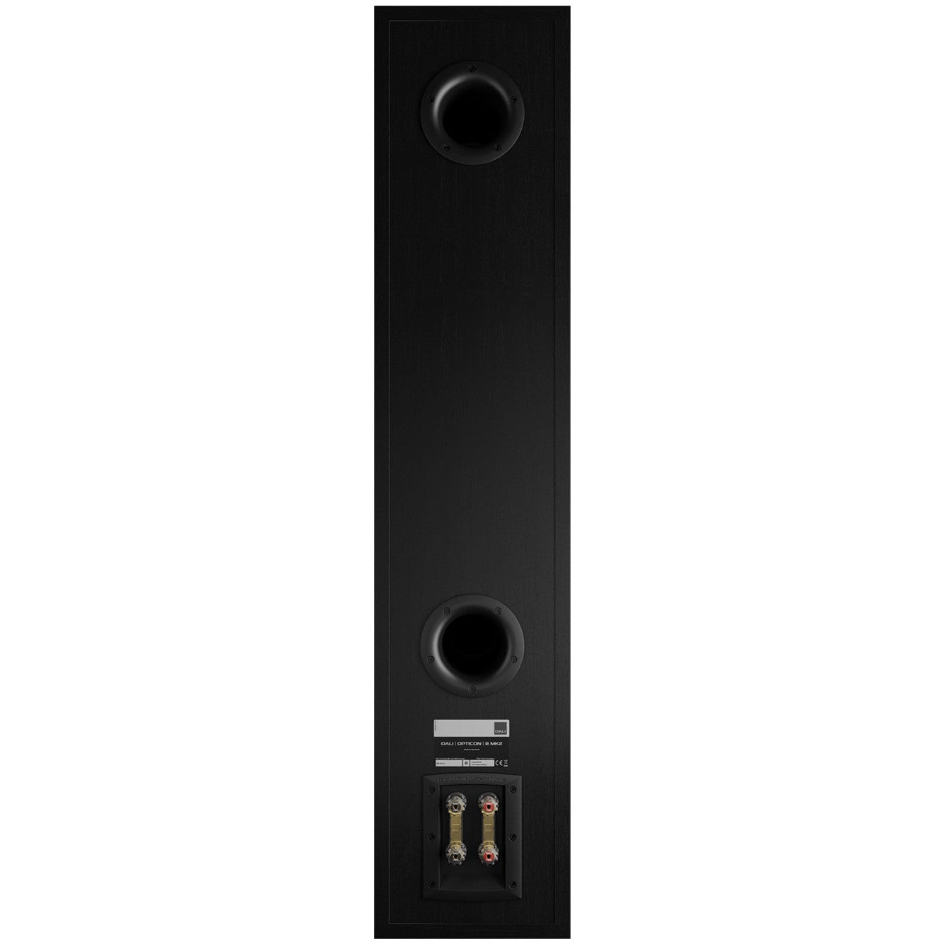 DALI Opticon 8 MK2 passive floorstanding speaker with black finish, showing rear connection panel and venting grille.