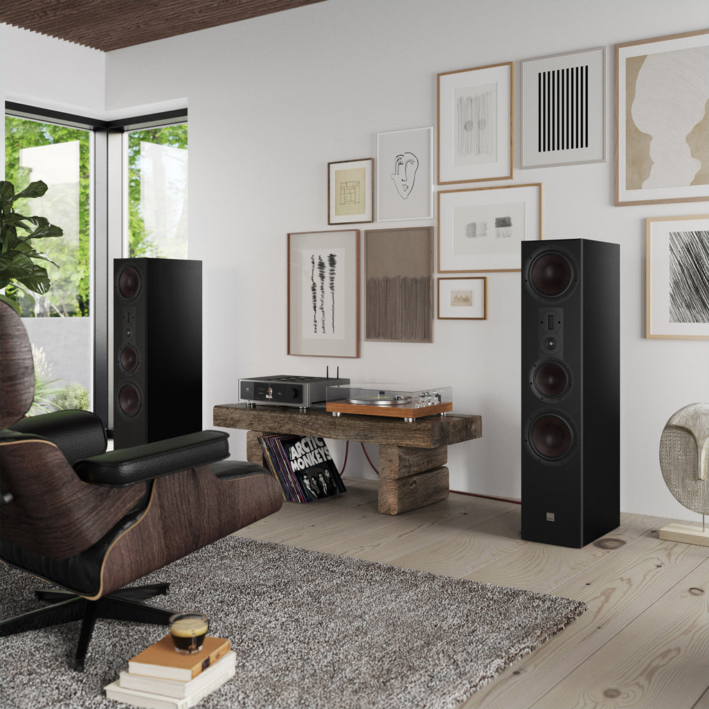 DALI Opticon 8 MK2 passive floorstanding speakers shown in black, designed for high-quality home audio listening.