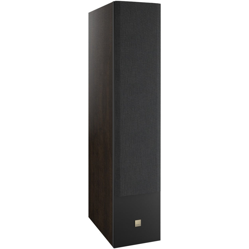 DALI Opticon 8 MK2 passive floorstanding speakers with black grille and sleek design, angled view showing front and side details.