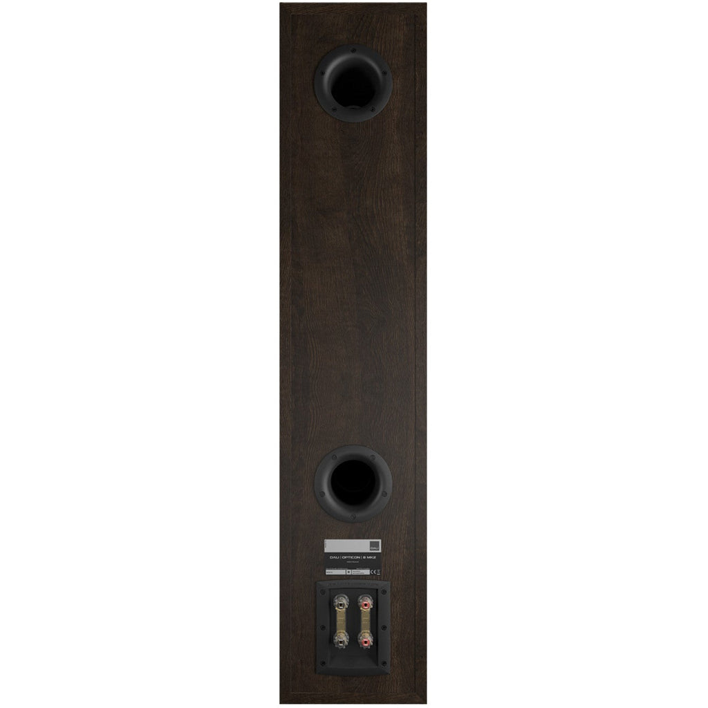 DALI Opticon 8 MK2 passive floorstanding speakers with rear ports and sleek black finish, showcasing the back panel and connections.