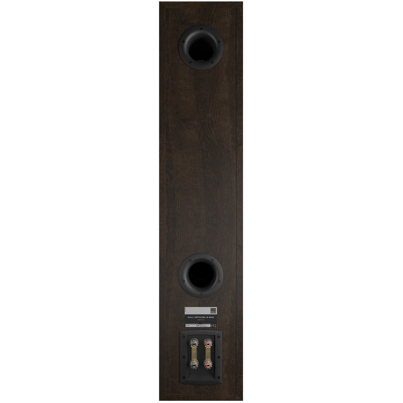DALI Opticon 8 MK2 passive floorstanding speakers with rear ports and sleek black finish, showcasing the back panel and connections.