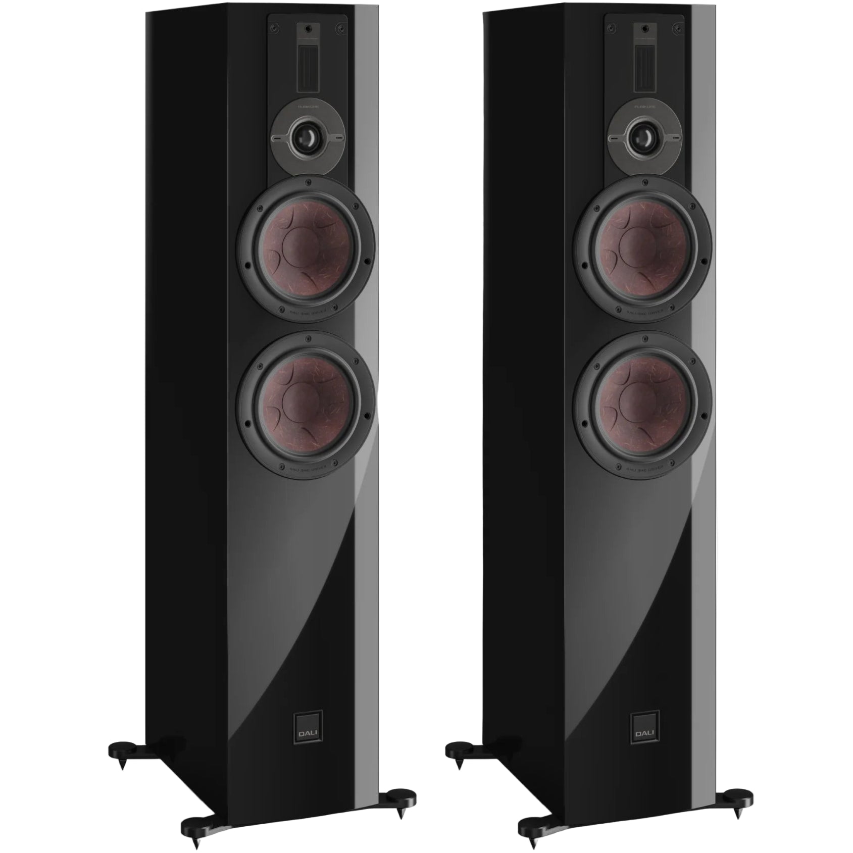 DALI Rubikore 6 passive floorstanding speakers with sleek black cabinets and modern design, ideal for high-quality home audio.