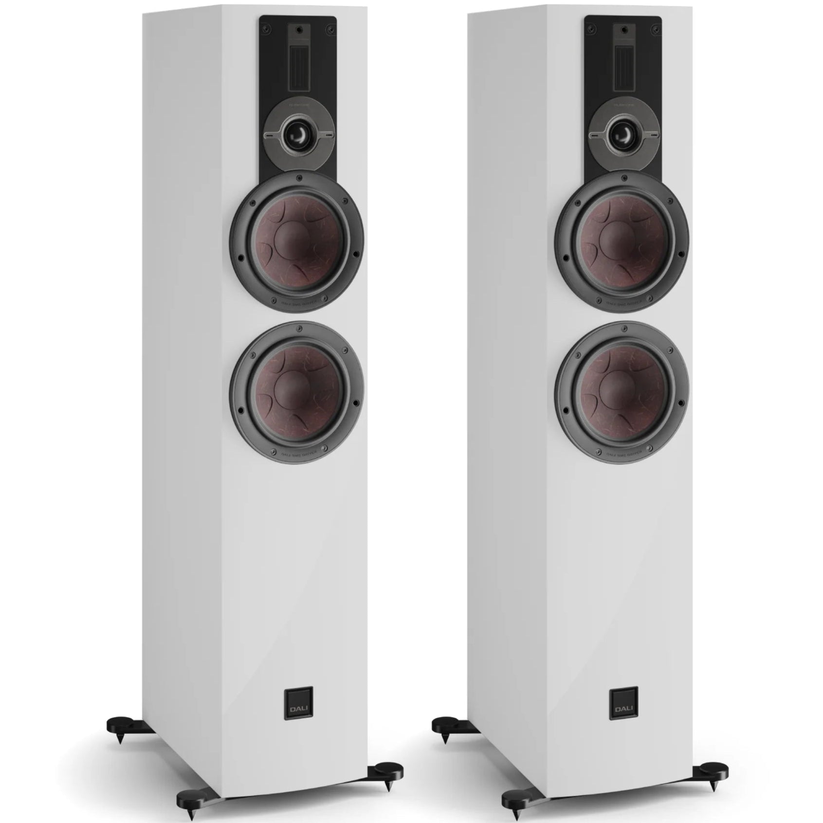DALI Rubikore 6 passive floorstanding speakers with sleek black cabinets and multiple drivers for high-quality sound.
