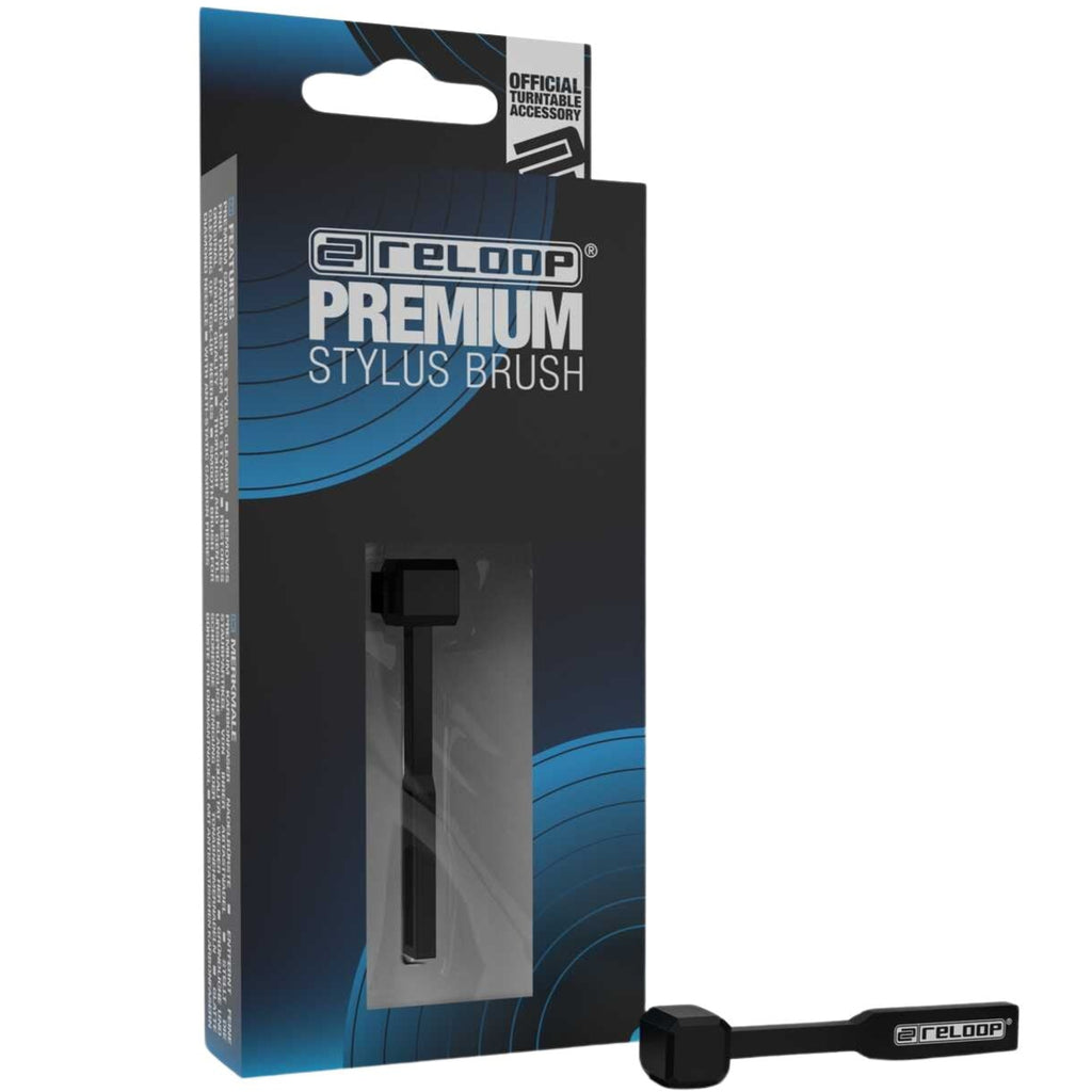 Reloop Premium Stylus Brush for record cleaning, featuring soft bristles to gently clean turntable stylus and preserve audio quality.