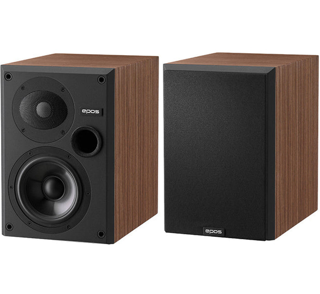 Epos ES-7N passive bookshelf speakers with sleek black cabinets and detailed driver components.