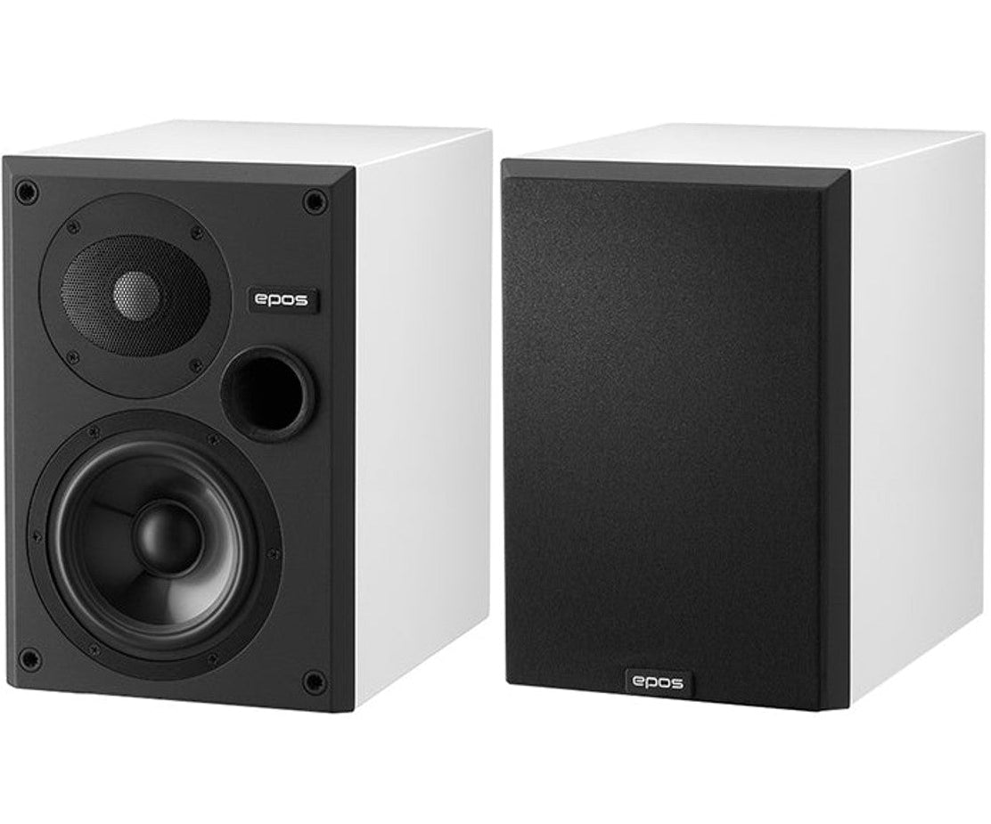 Epos ES-7N passive bookshelf speakers shown in a home audio setup with black finish and compact design