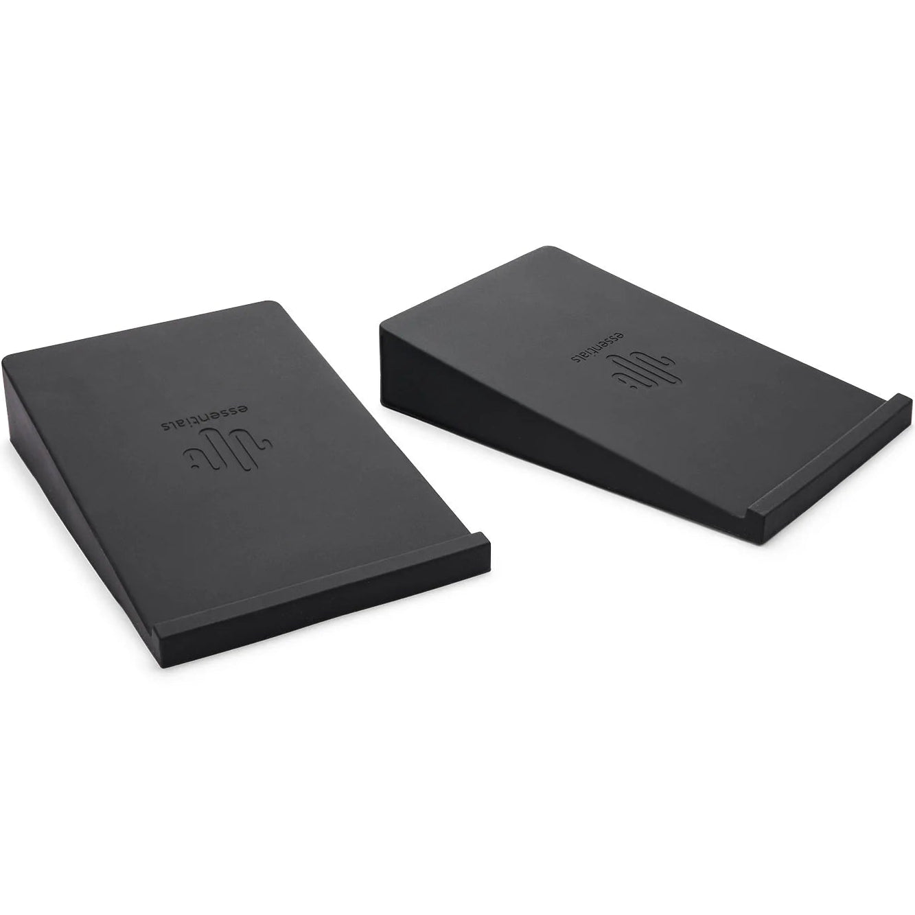 Essentials Wedge speaker stands in black with adjustable height and stable base, designed for optimal audio positioning.