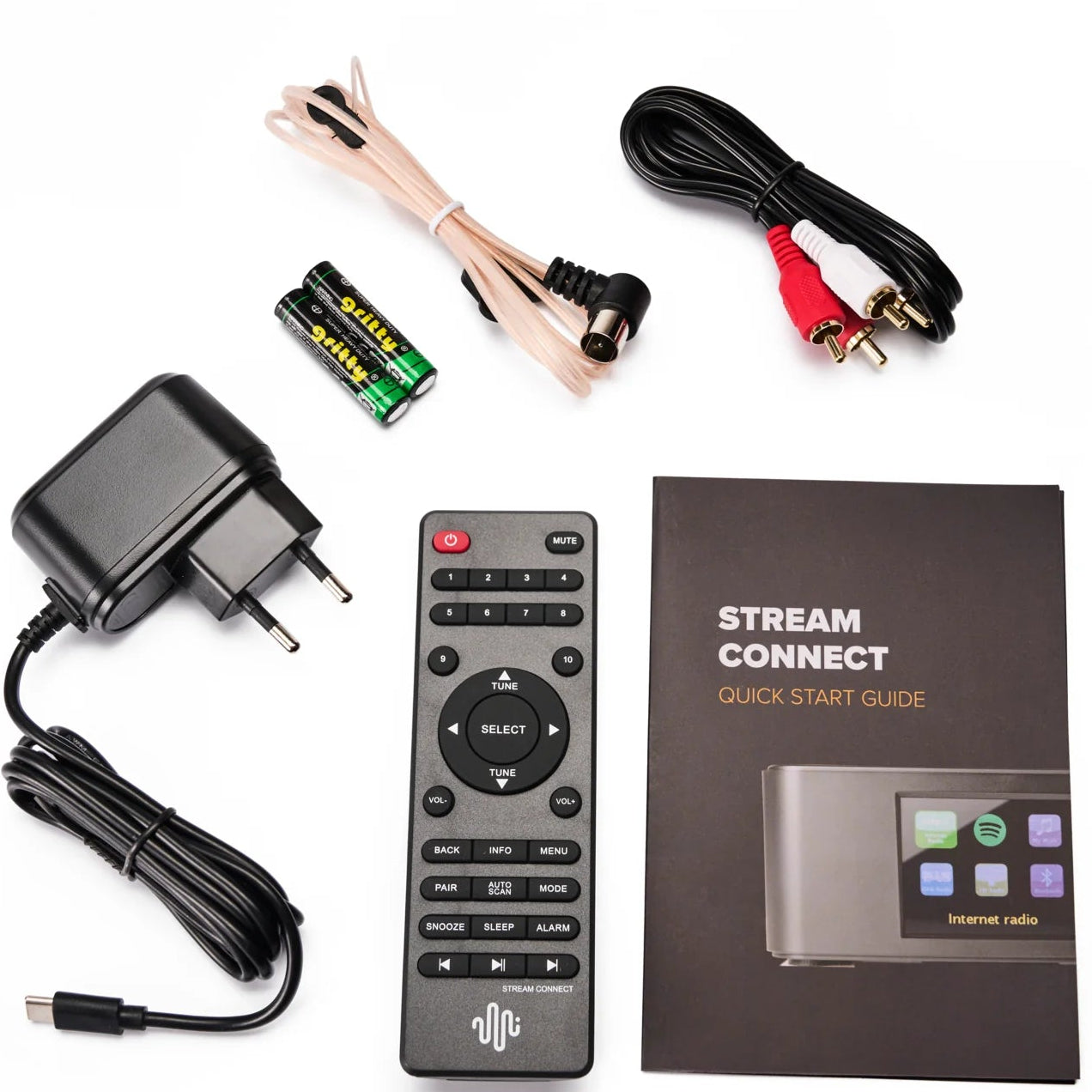 Essentials Stream Connect music streamer in black, compact device with input ports for seamless wireless audio streaming.
