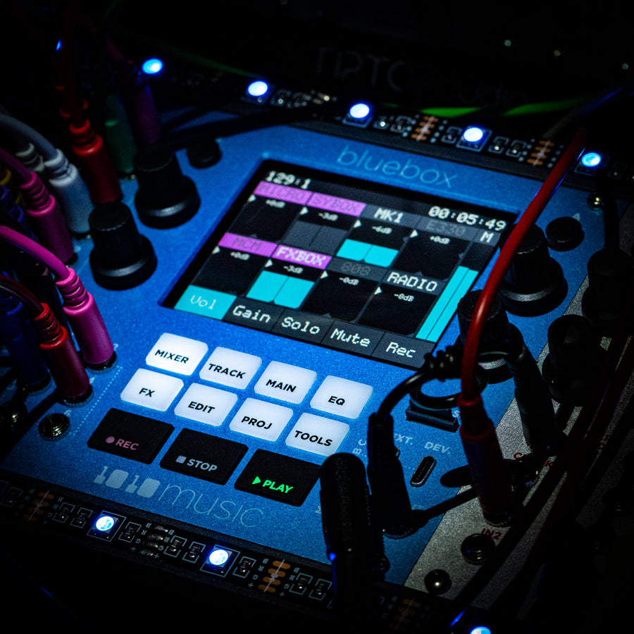 Bluebox Eurorack semi-modular synthesizer by 1010music with colorful knobs and patch points on a sleek black panel.