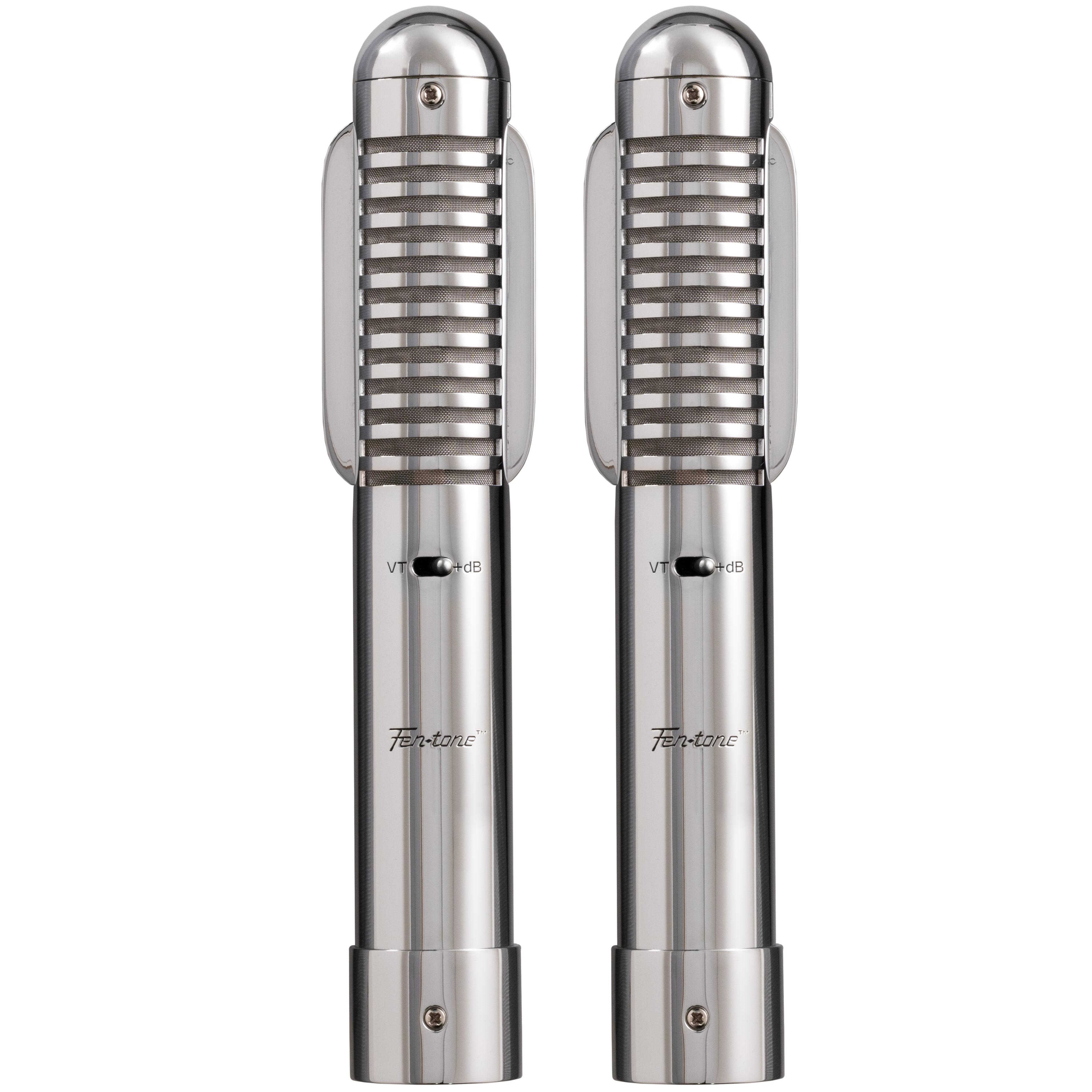 Warm Audio Fen-tone stereo ribbon microphones shown in a front view, highlighting the dual microphone design for high-quality audio recording.