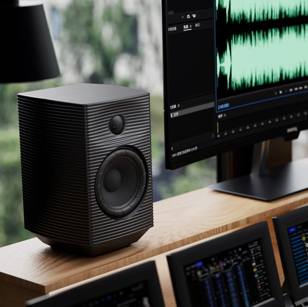 FiiO SP5 desktop speakers with sleek design and compact size, featuring dual drivers and modern finish for high-quality audio.