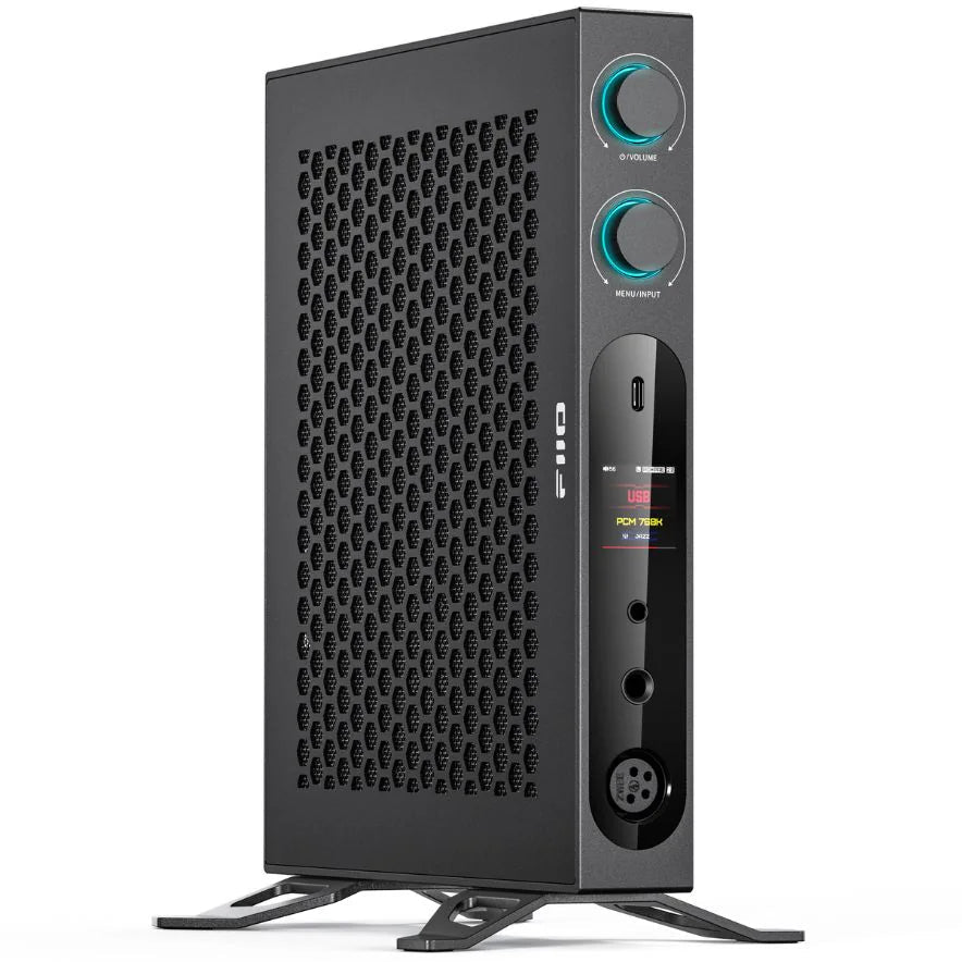 FiiO K19 headphone amplifier and DAC in black, showcasing the sleek front panel with input and volume controls.