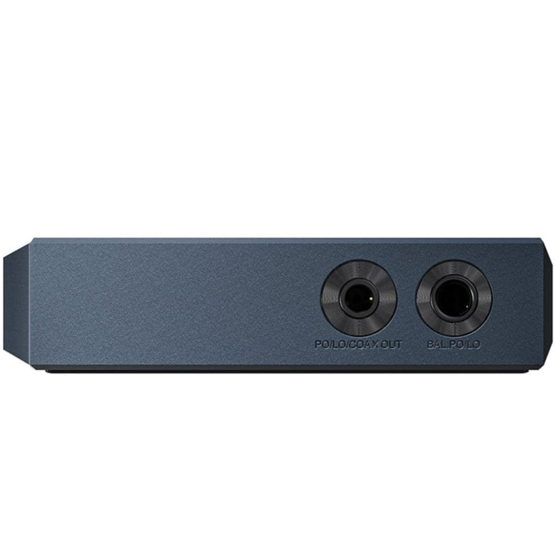 FiiO M23 portable music player in blue, showing front view with screen and control buttons. High-resolution audio device from FiiO.
