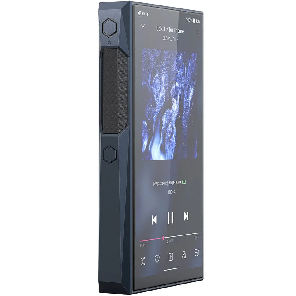 FiiO M23 portable music player in blue with display screen and control buttons, designed for high-resolution audio playback.
