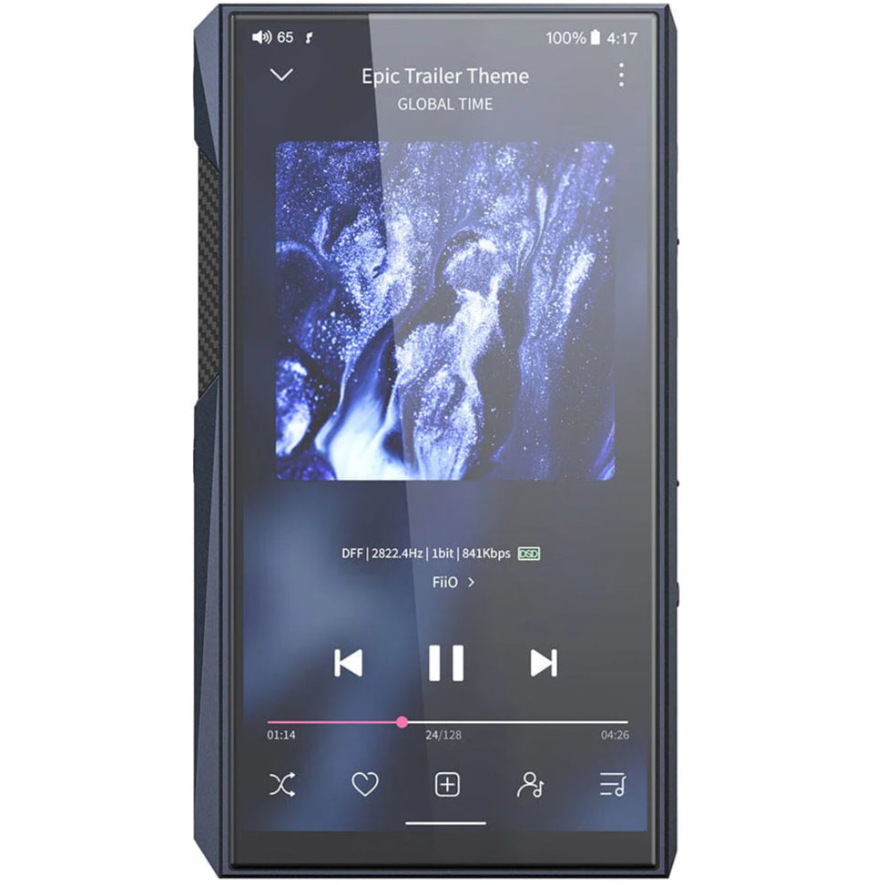 FiiO M23 portable music player in blue with a sleek display and control buttons, designed for high-quality audio playback.
