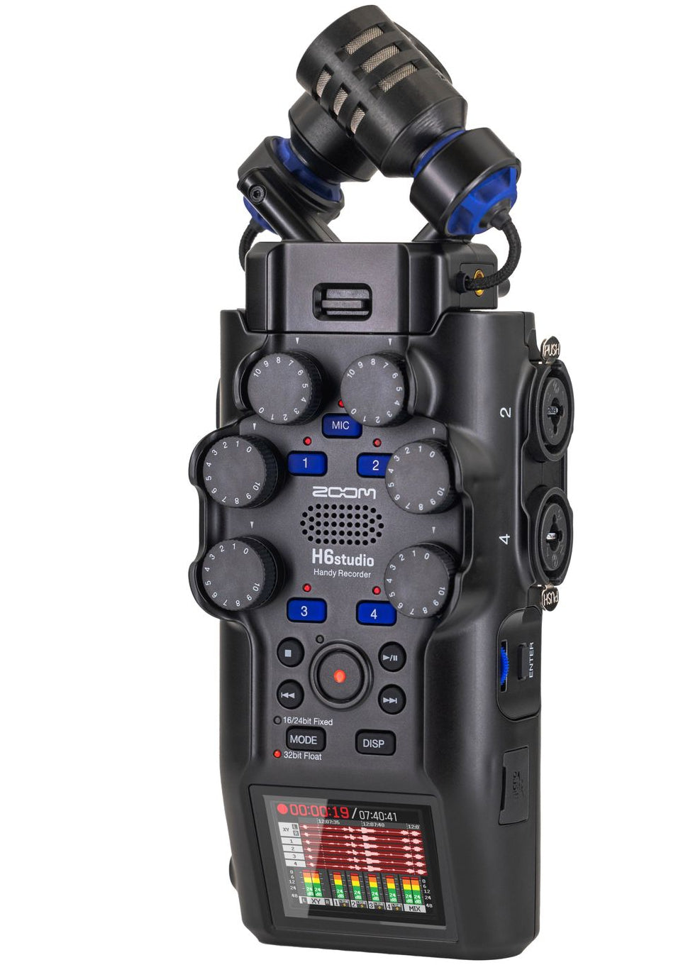 Zoom H6 studio digital recorder with multiple input jacks and a large LCD screen, shown from a front angle.
