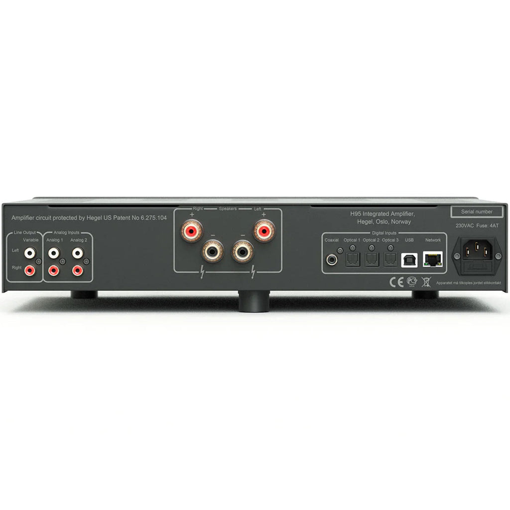 Hegel H95 music streamer with sleek black front panel, digital display, and control buttons for high-quality audio streaming.