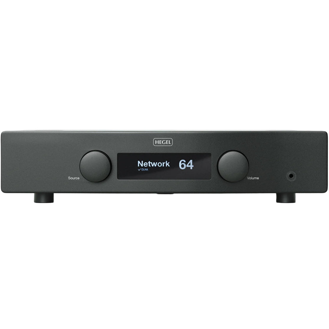 Hegel H95 music streamer with sleek black front panel and digital display, designed for high-quality audio streaming.
