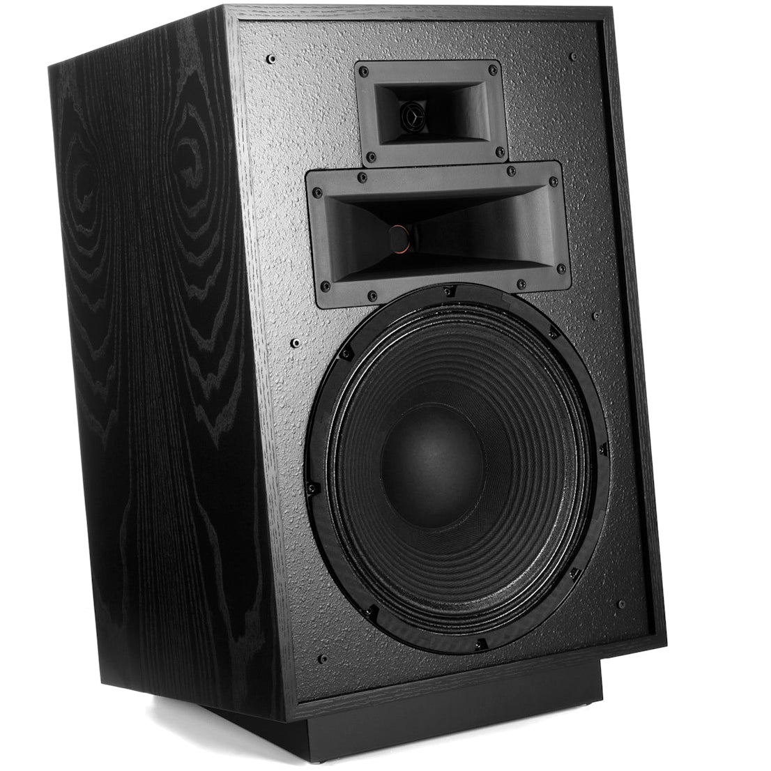 Black Klipsch Heresy IV floorstanding speaker with sleek design and detailed driver components, right side view.
