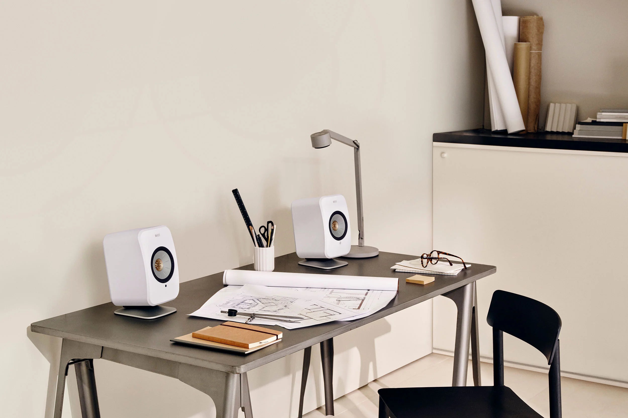 KEF P1 Desk Pad speaker stands, lifestyle