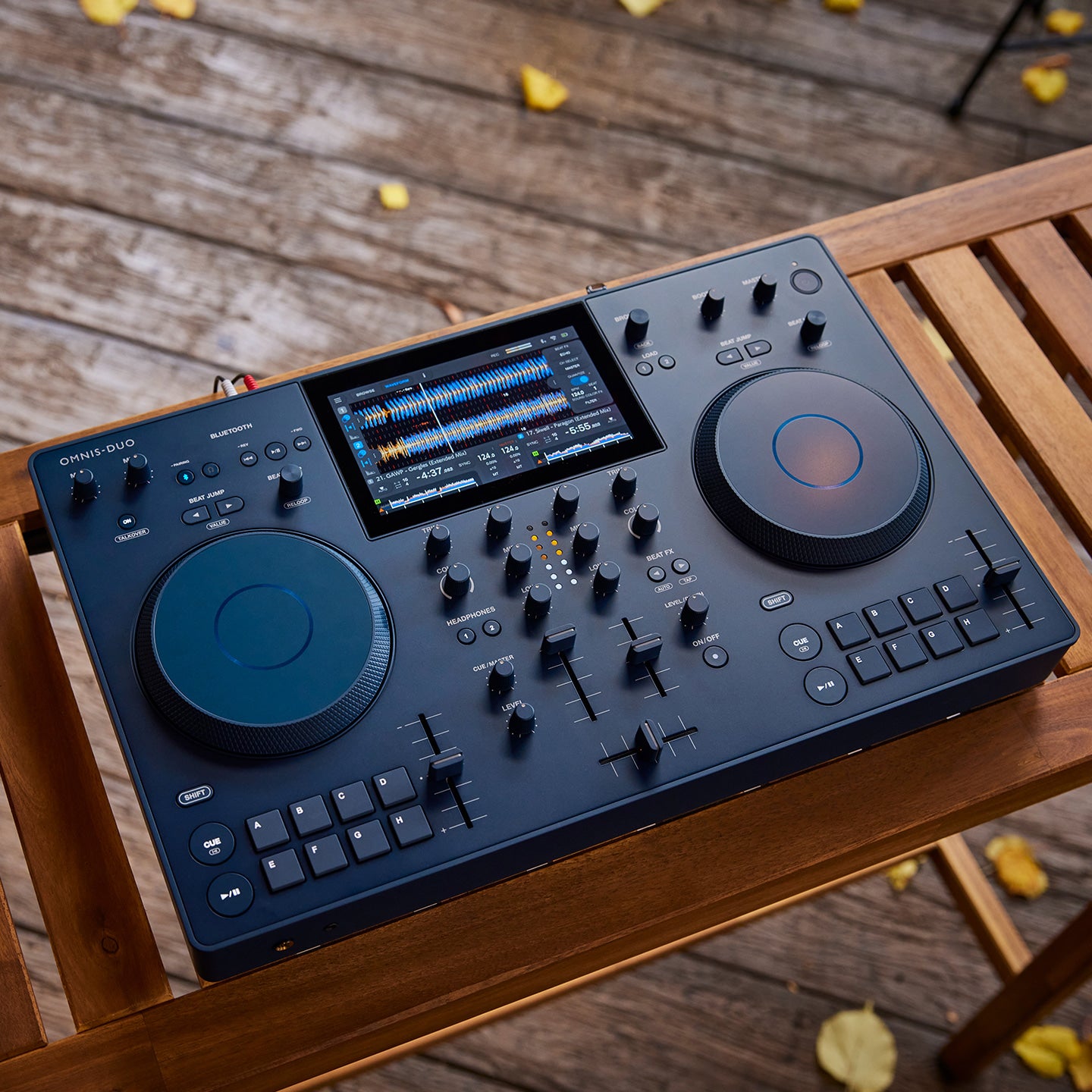 AlphaTheta Omnis-Duo DJ media players with dual decks, colorful interface, and professional controls for seamless music mixing.