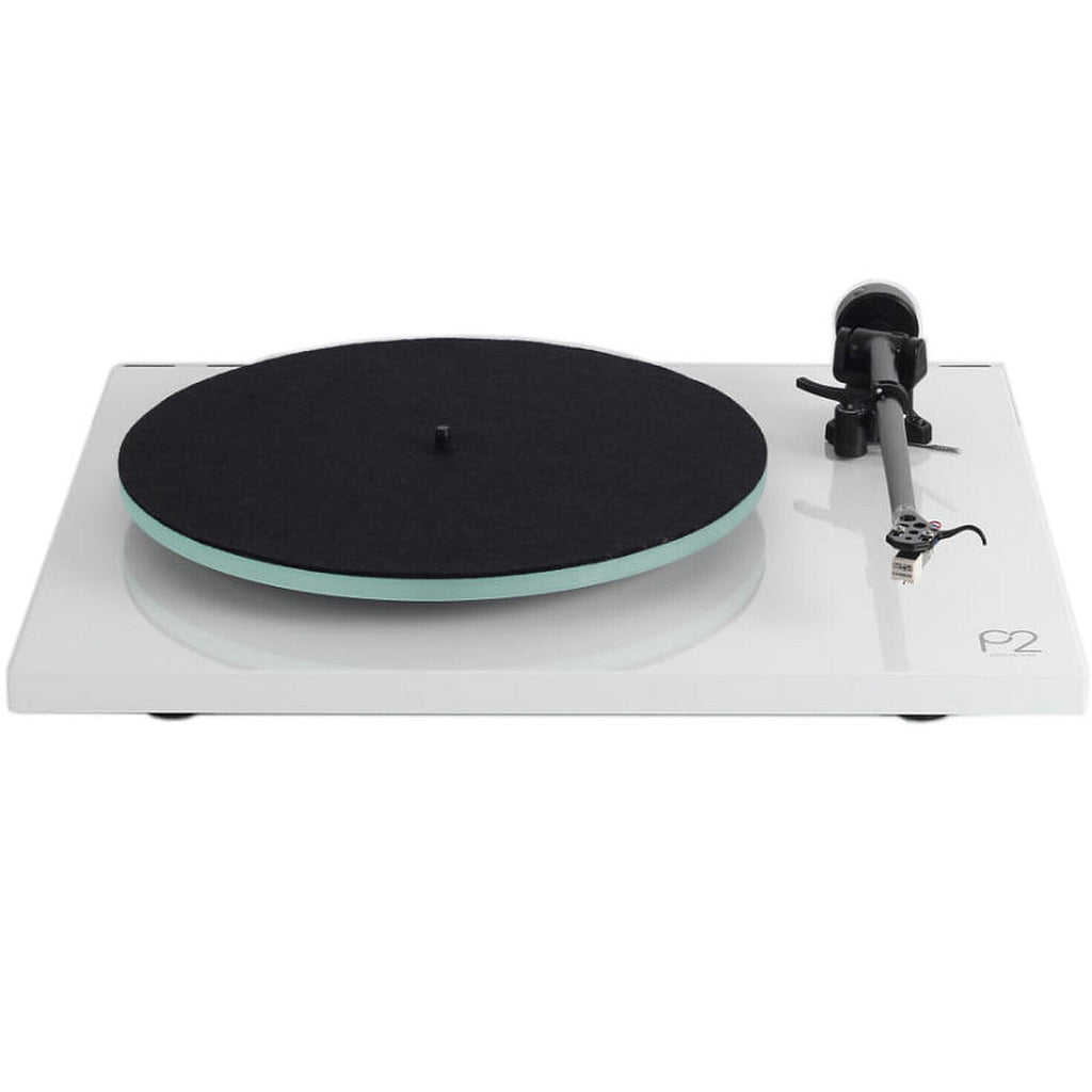 Rega Planar 2 turntable with Nd3 cartridge, black finish, showing tonearm and platter, high-quality audio equipment.
