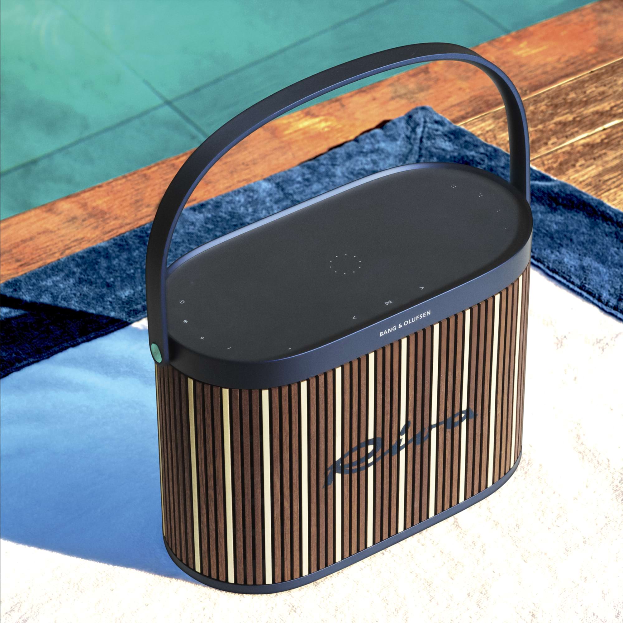 Bang & Olufsen Beosound A5 Riva Edition portable speaker in a stylish living room setting with modern decor.