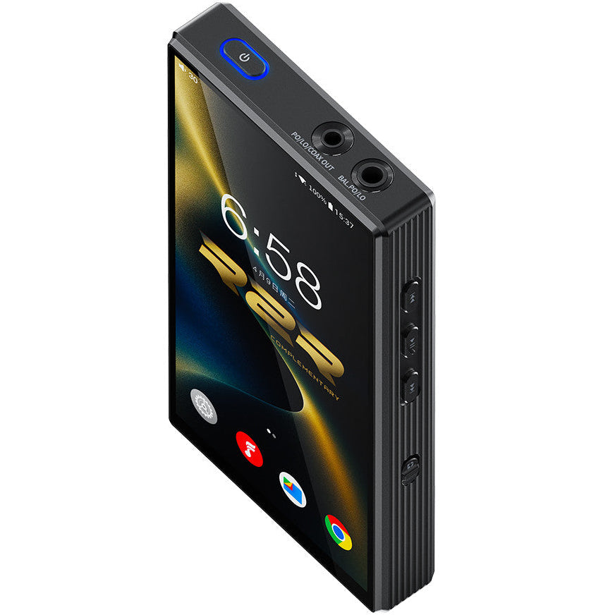 FiiO M33 R2R portable music player with sleek design and digital display, featuring multiple control buttons and high-resolution screen.