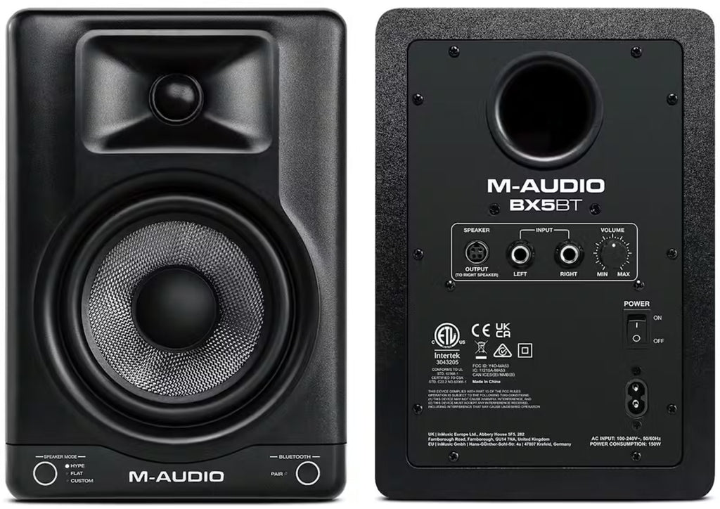 M-Audio BX5 BT active nearfield monitors with black enclosures, designed for accurate audio playback in professional and home studios.