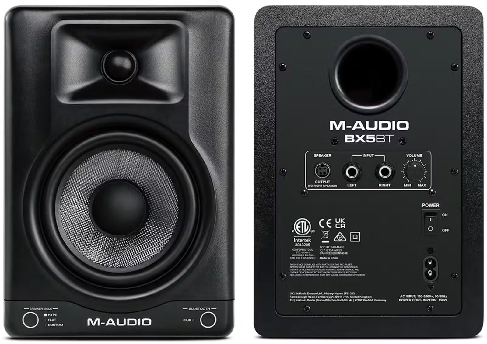 M-Audio BX5 BT active nearfield monitors with black enclosures, designed for accurate audio playback in professional and home studios.