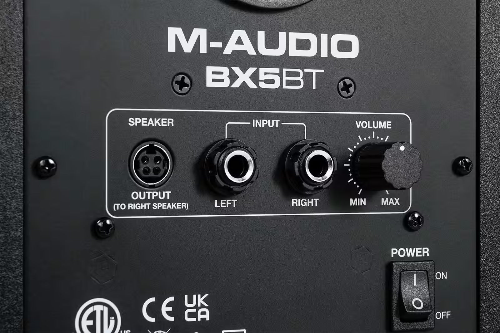 M-Audio BX5 BT active nearfield monitors with black finish and control panel, designed for professional audio monitoring.
