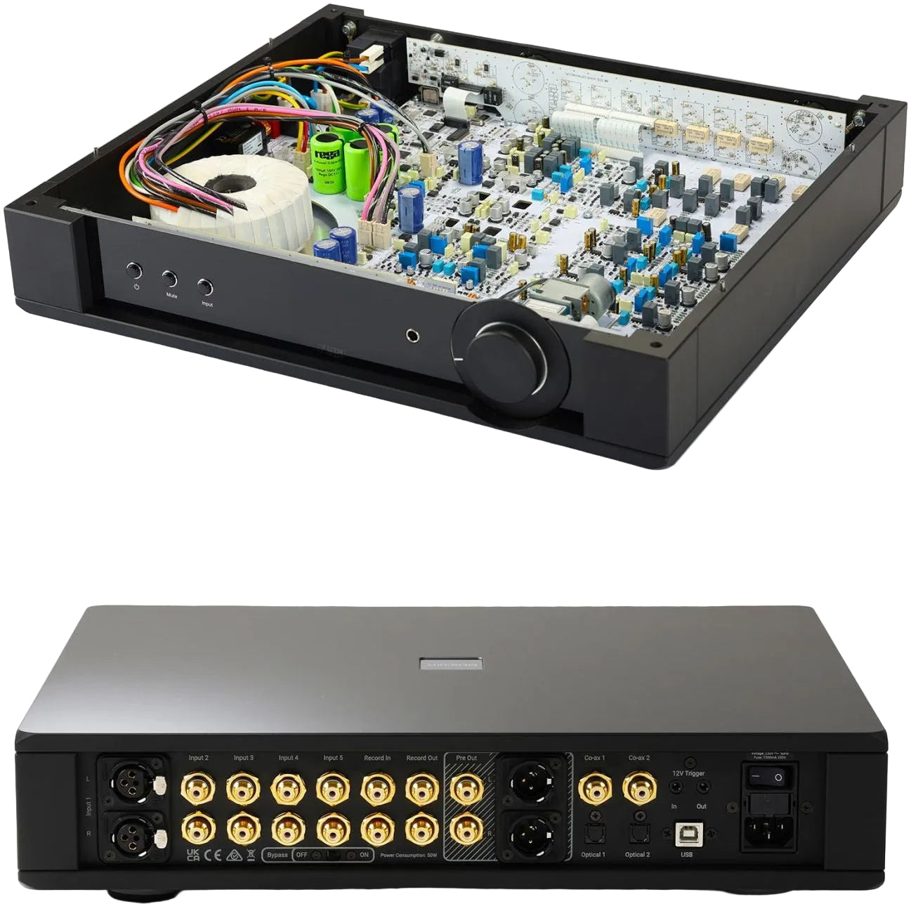 Rega Mercury stereo amplifier with sleek design and control knobs, showcasing high-quality audio equipment.
