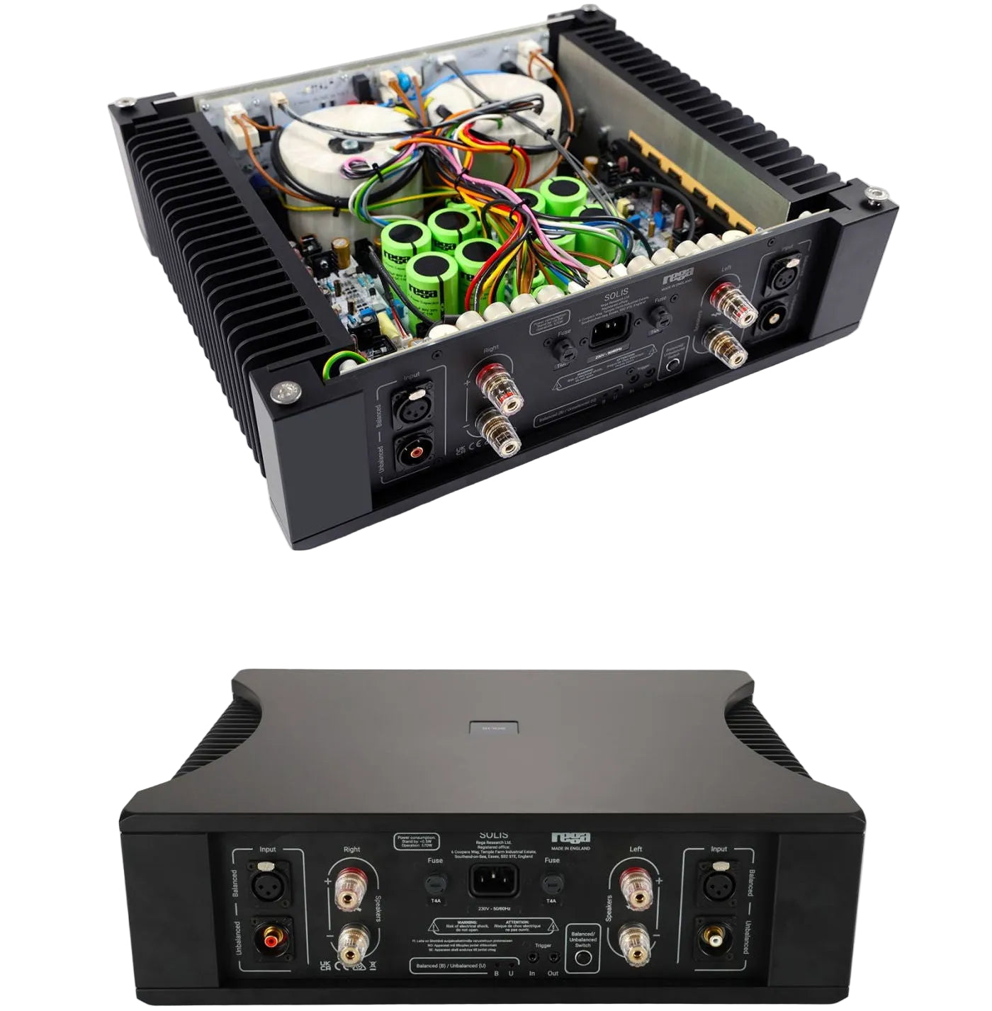 Rega Solis stereo amplifier with sleek design, featuring controls and display panel, in a modern audio setup.
