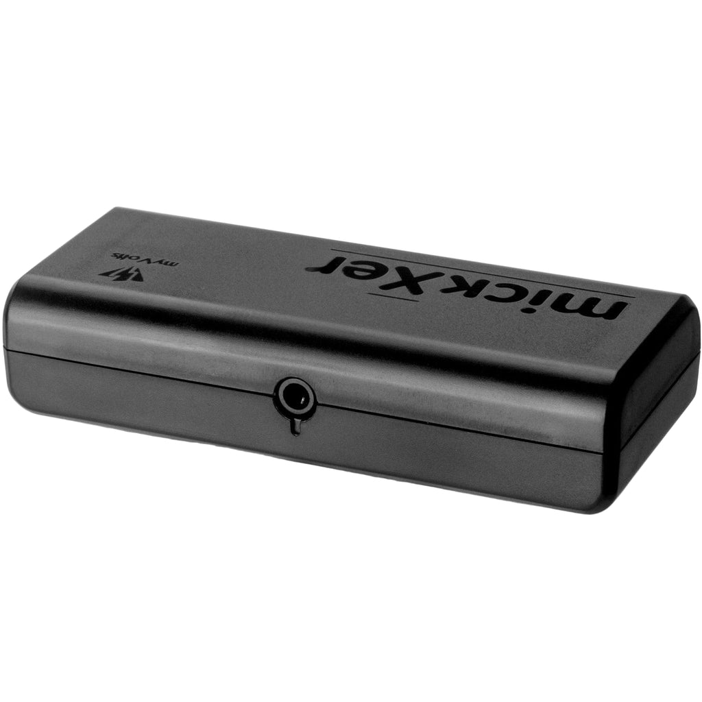 myVolts MickXer noise filter and conditioner device in black, designed to reduce electrical interference and improve sound quality